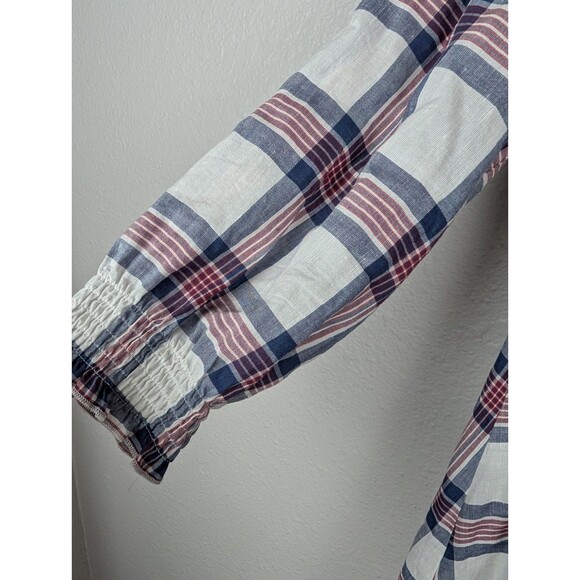 Zara White Red Blue Plaid VNeck Fit Flare Pleat Tunic Midi Dress Sz S Cottage175 - Picture 4 of 8